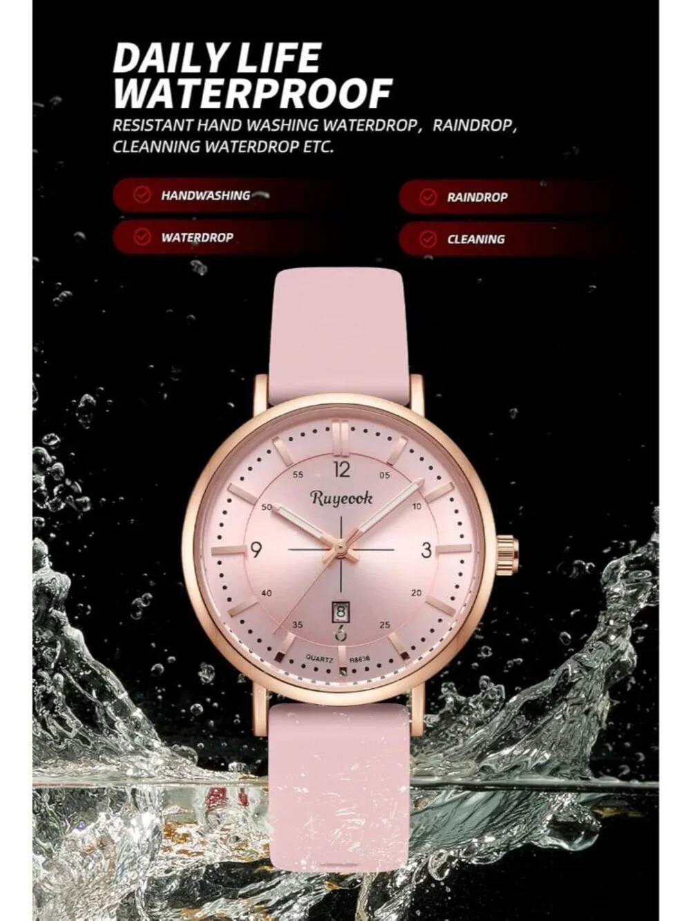 Women's All Pink Analog Quartz Silicone Band Calendar Date Display Wrist Watch